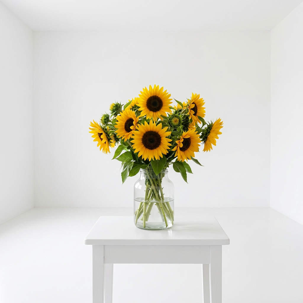 Bright yellow sunflowers in glass vase on white wooden table with book and mug