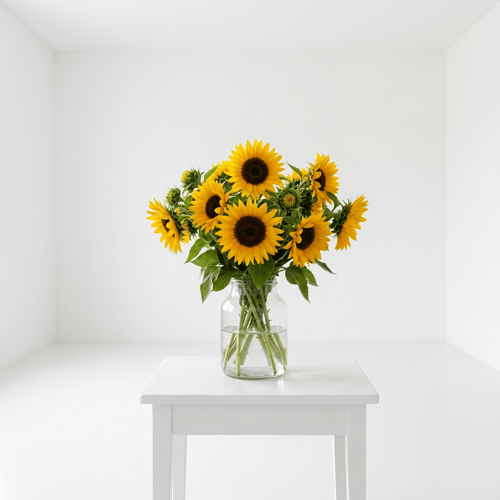Bright yellow sunflowers in glass vase on white wooden table with book and mug