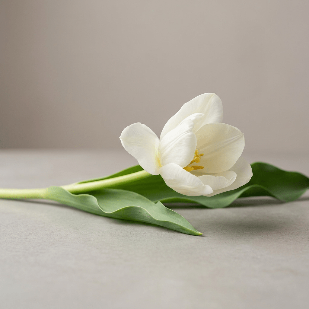 White tulip flower with green leaves lying on a gray surface